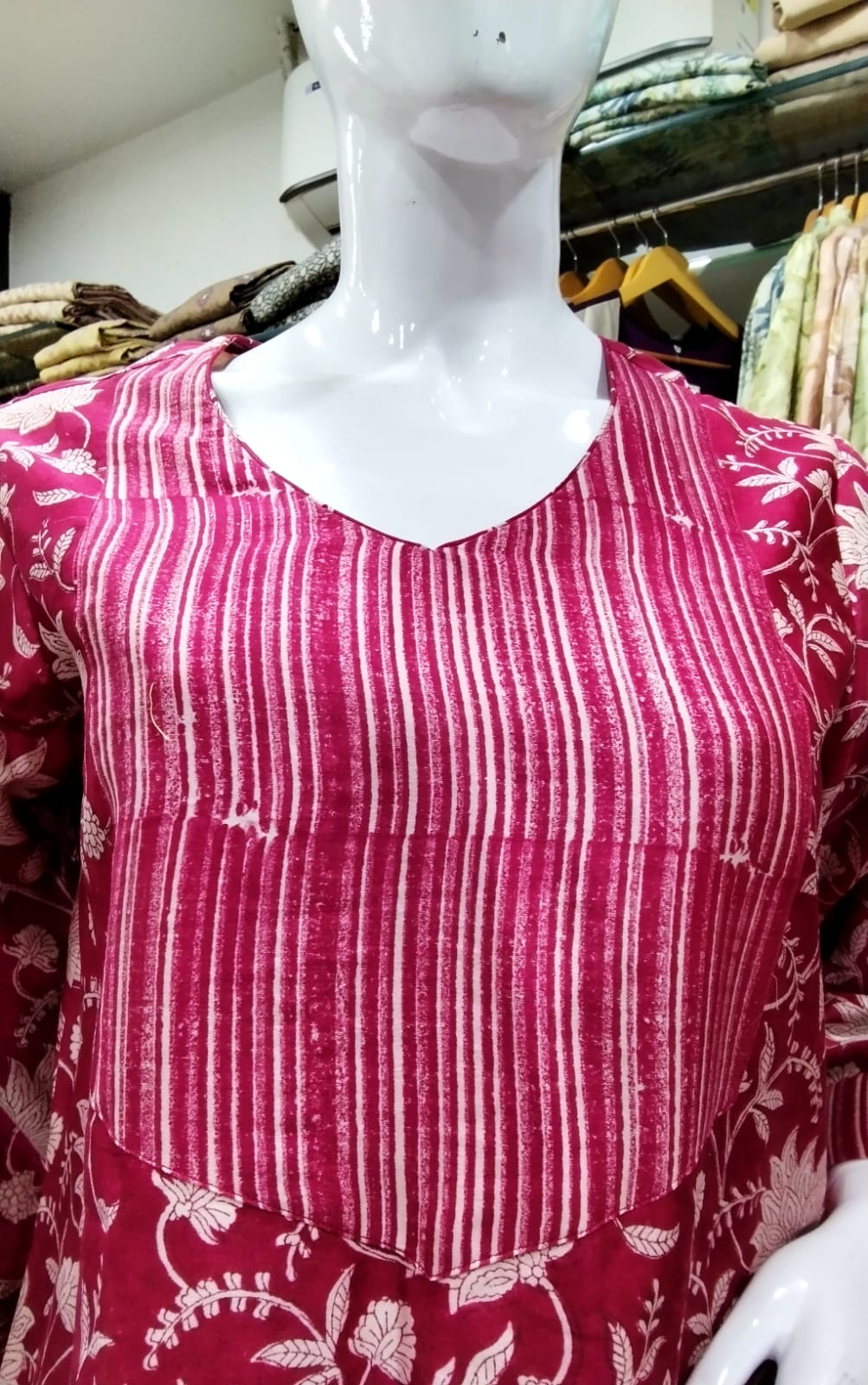 Magenta Pink Floral Cotton Silk Kurti with Striped Front Yoke