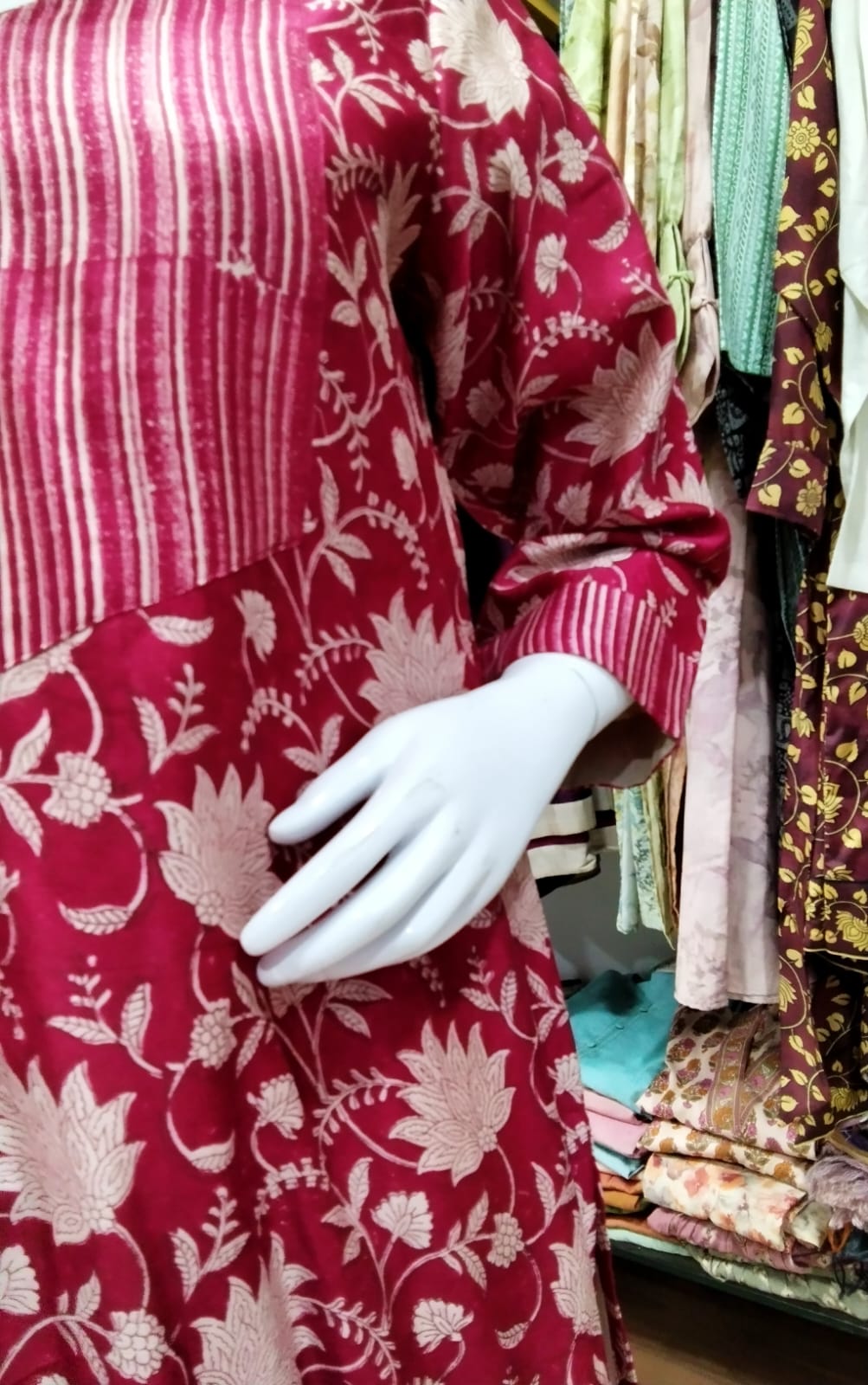Magenta Pink Floral Cotton Silk Kurti with Striped Front Yoke