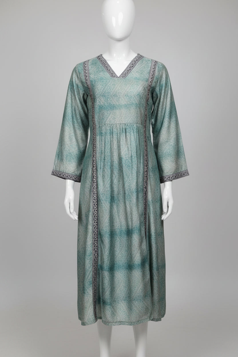 Seafoam Green Paisley Print Cotton Silk Anarkali Kurti with Indigo Border Accents