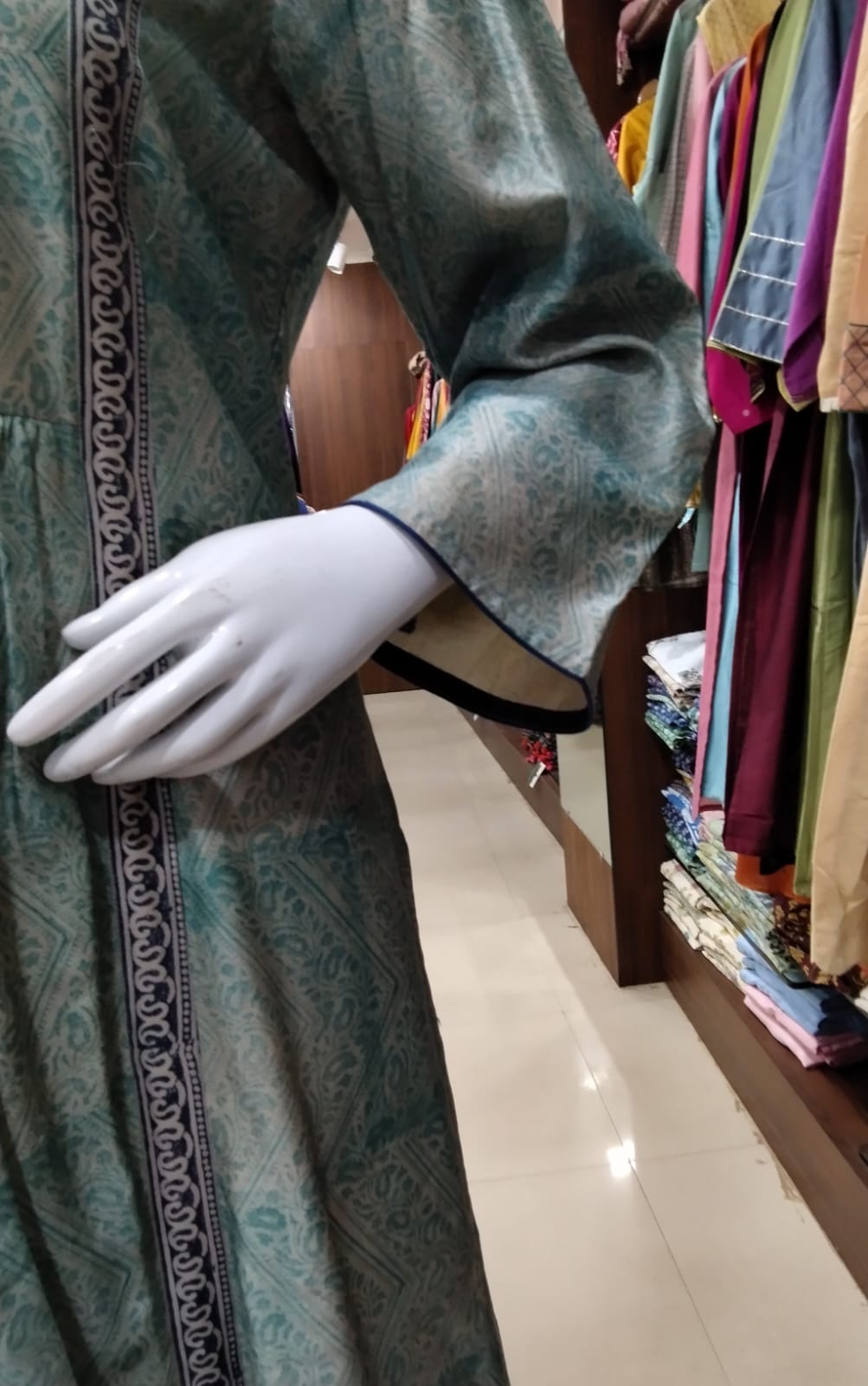 Seafoam Green Paisley Print Cotton Silk Anarkali Kurti with Indigo Border Accents