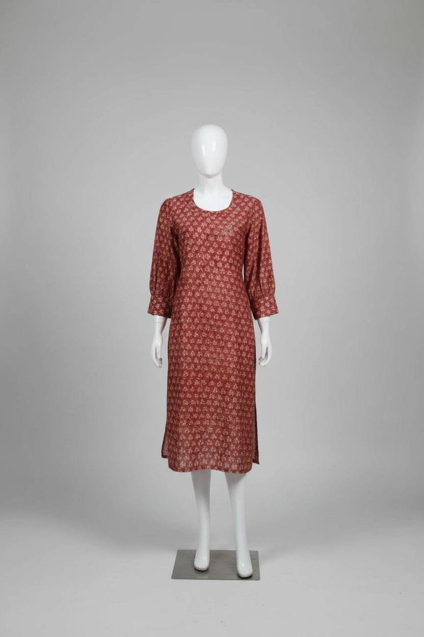 Rust Red Cotton Silk Block Printed Kurti with Cuffed Balloon Sleeves
