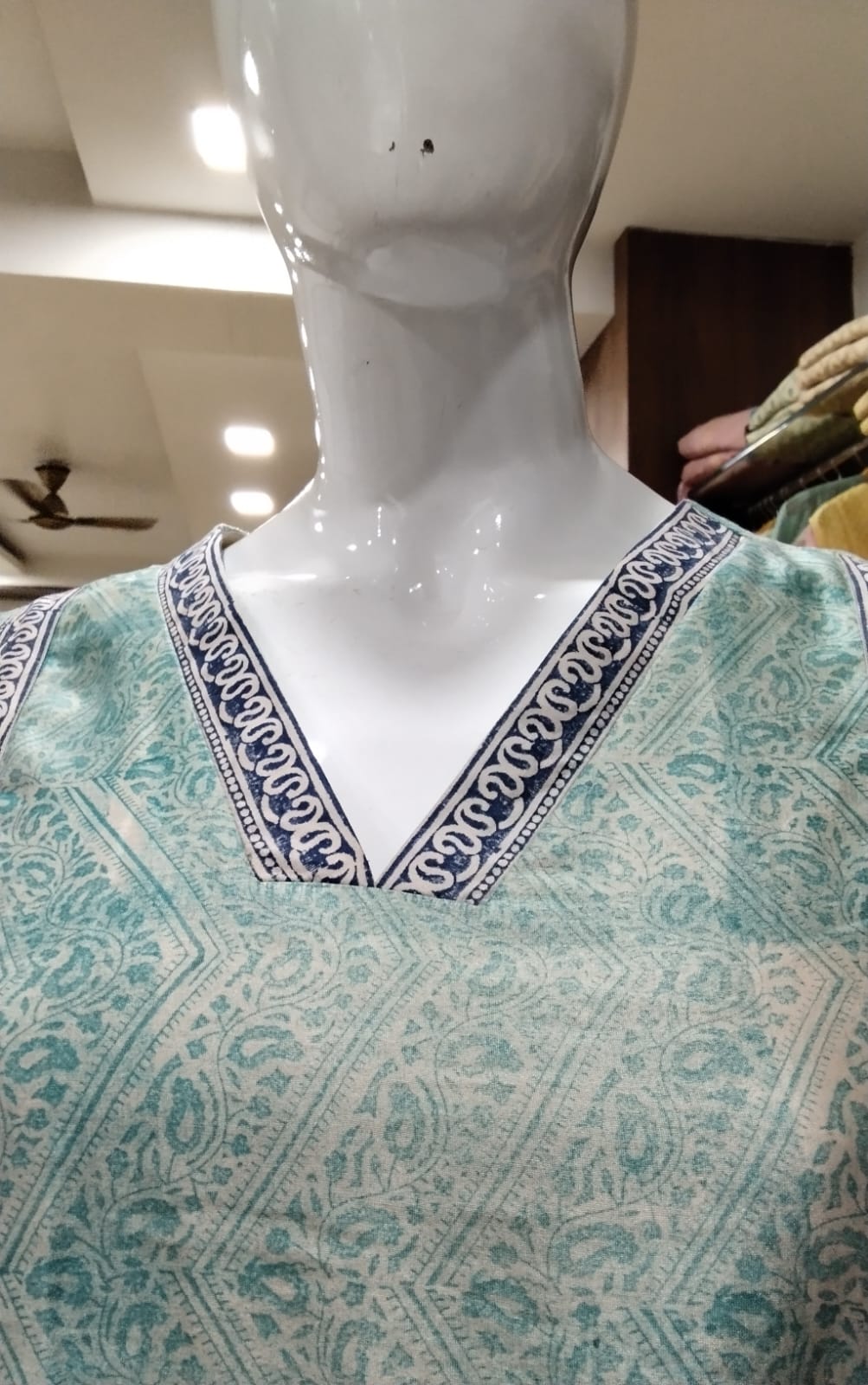 Seafoam Green Paisley Print Cotton Silk Anarkali Kurti with Indigo Border Accents
