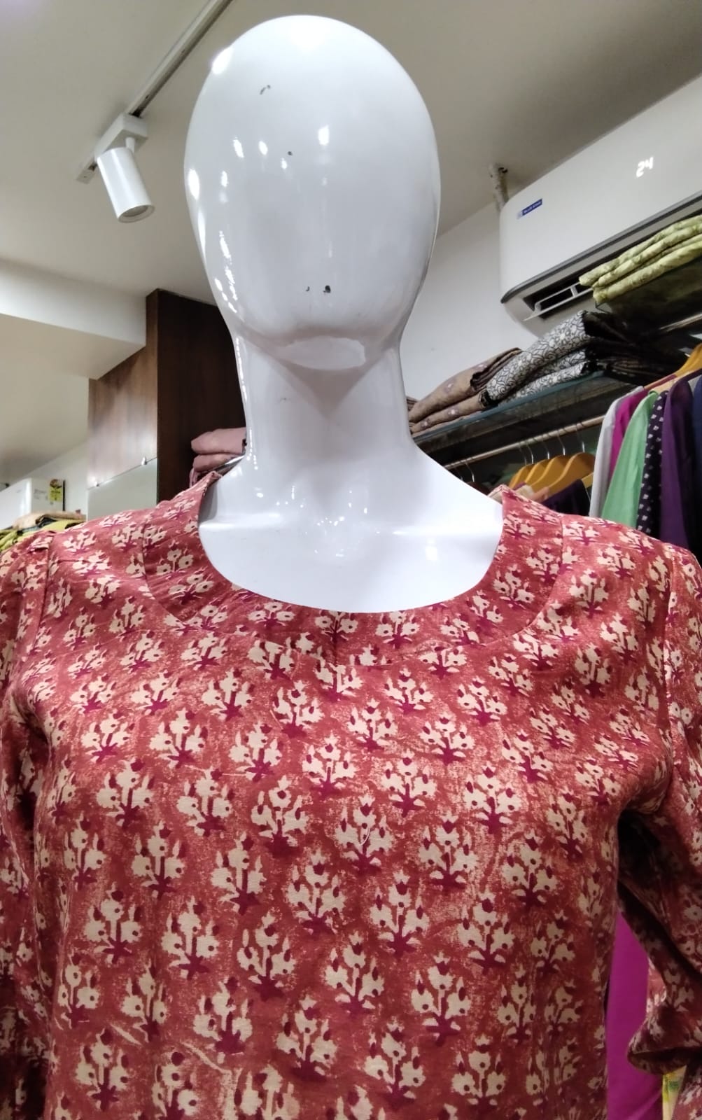 Rust Red Cotton Silk Block Printed Kurti with Cuffed Balloon Sleeves