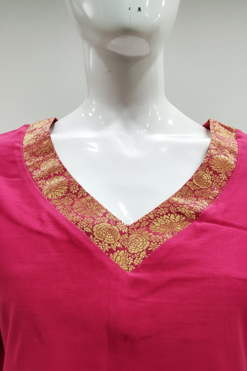 Rani Magenta V-Neck Silk Blouse with Woven Gold Jacquard Borders