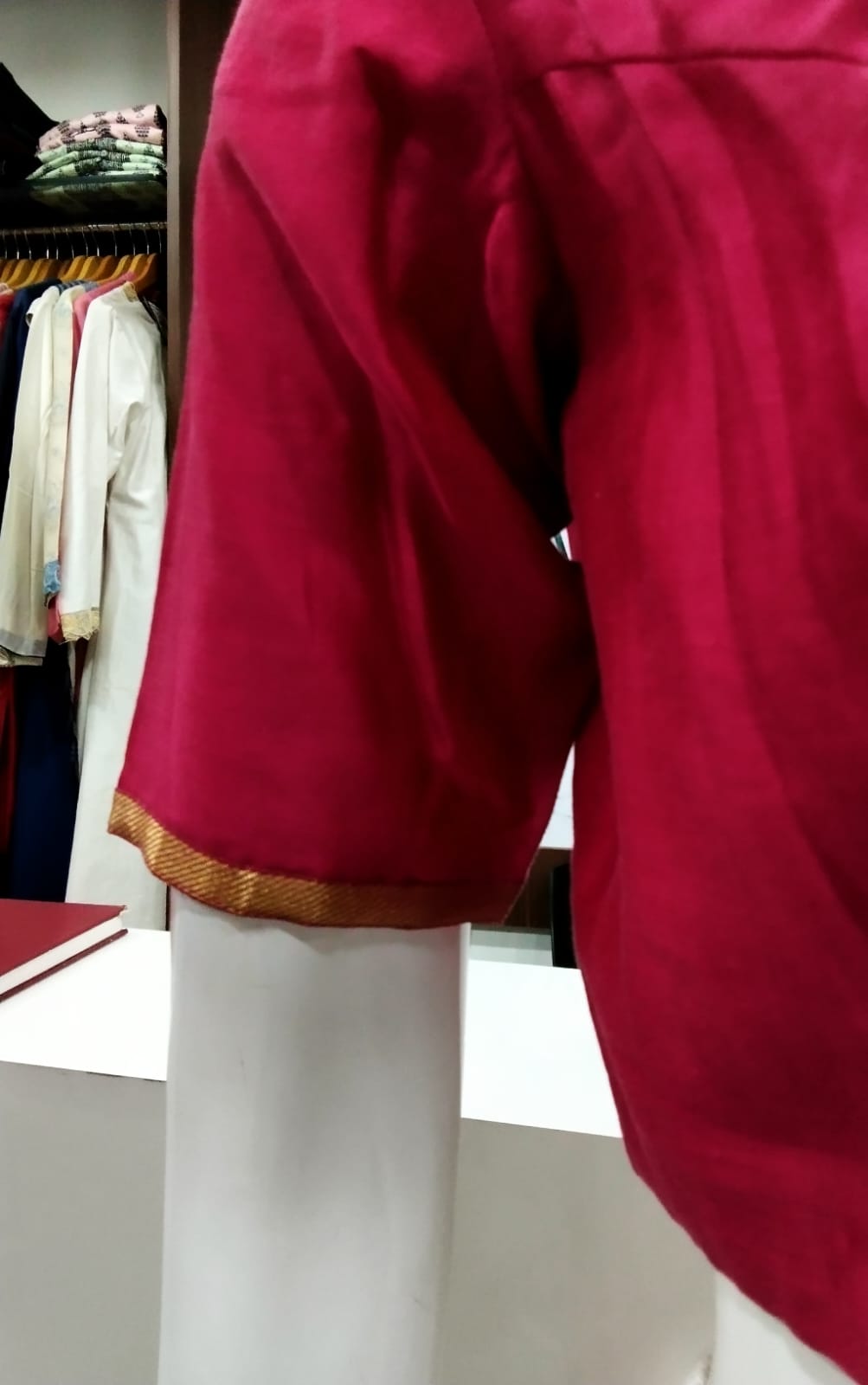 Rani Magenta V-Neck Silk Blouse with Woven Gold Jacquard Borders