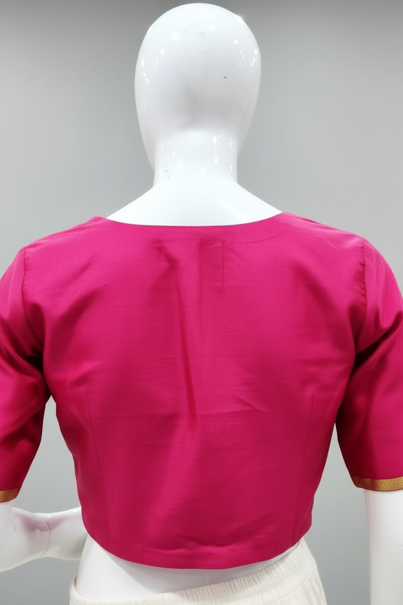 Rani Magenta V-Neck Silk Blouse with Woven Gold Jacquard Borders