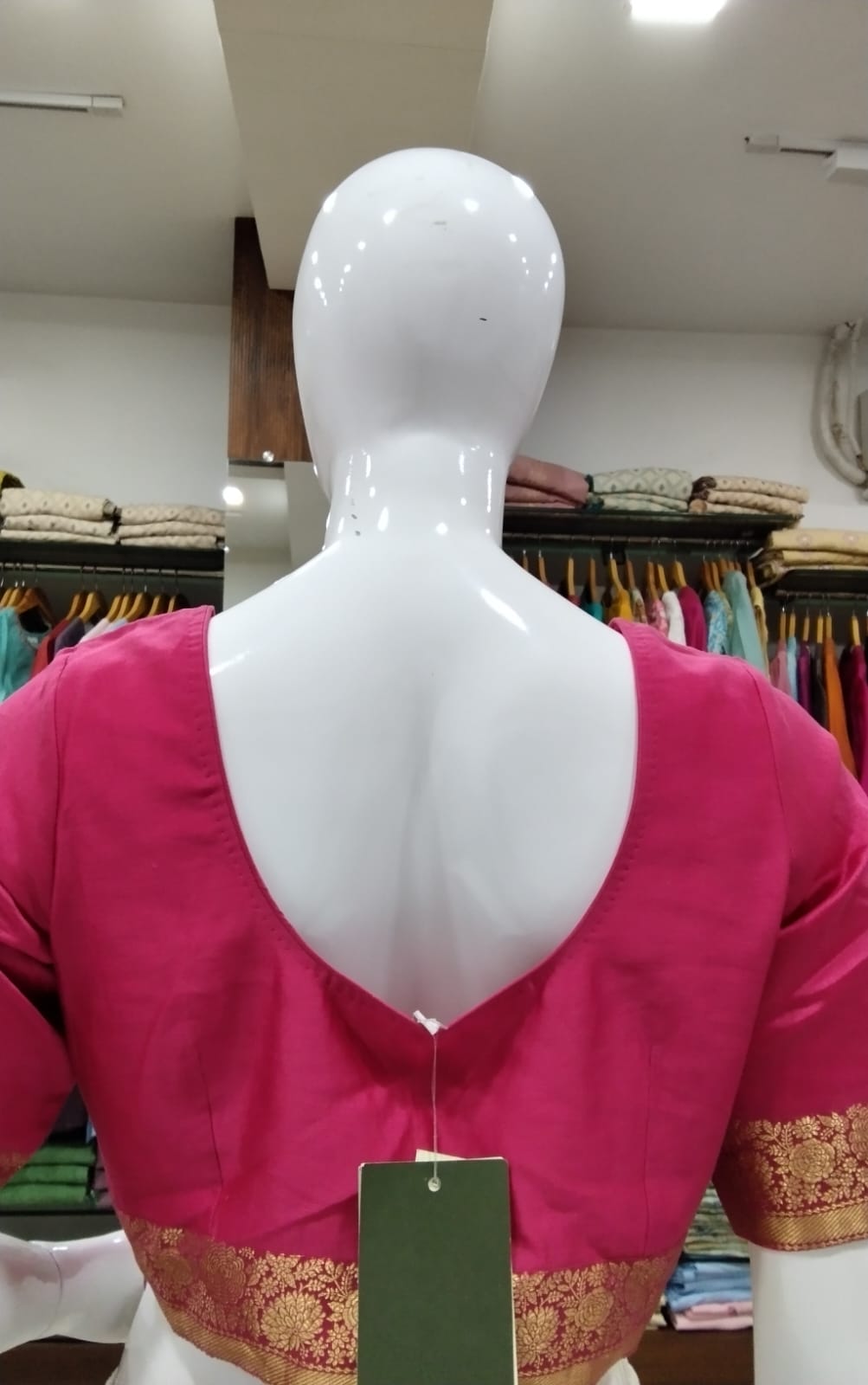 Rani Pink Silk Sweetheart Neck Blouse with Gold Jacquard Border & Deep V-Back
