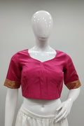 Rani Pink Silk Sweetheart Neck Blouse with Gold Jacquard Border & Deep V-Back