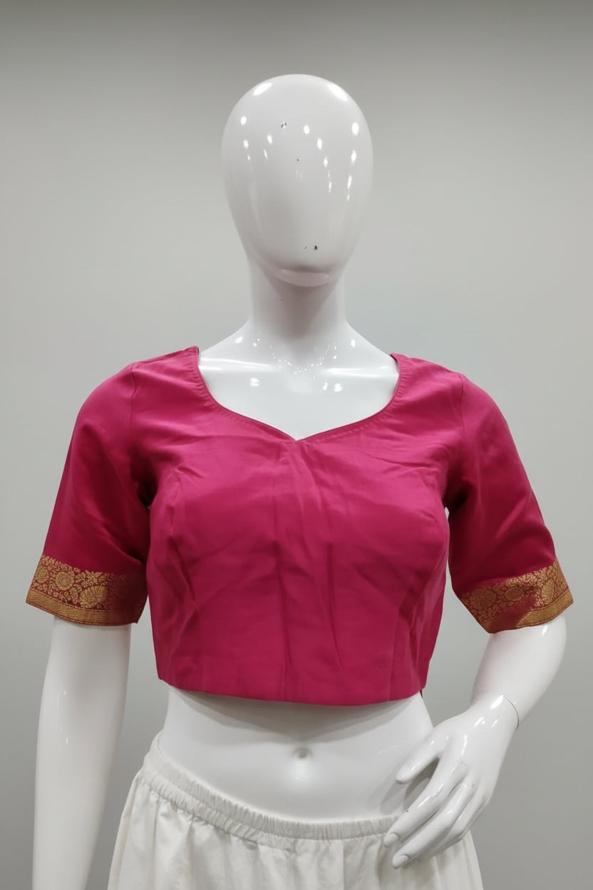 Rani Pink Silk Sweetheart Neck Blouse with Gold Jacquard Border & Deep V-Back