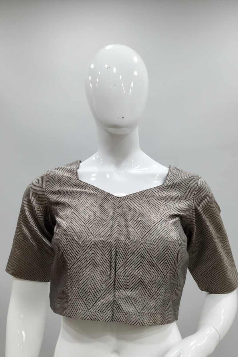 Geometric Woven Brocade Readymade Blouse with Sweetheart V-Neck (Taupe & Bronze)