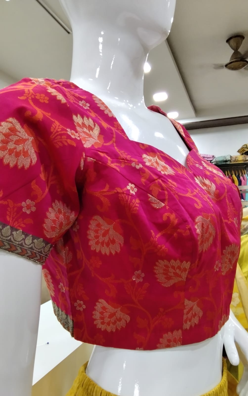 Hot Pink & Orange Banarasi Floral Brocade Readymade Blouse with Sweetheart Neck