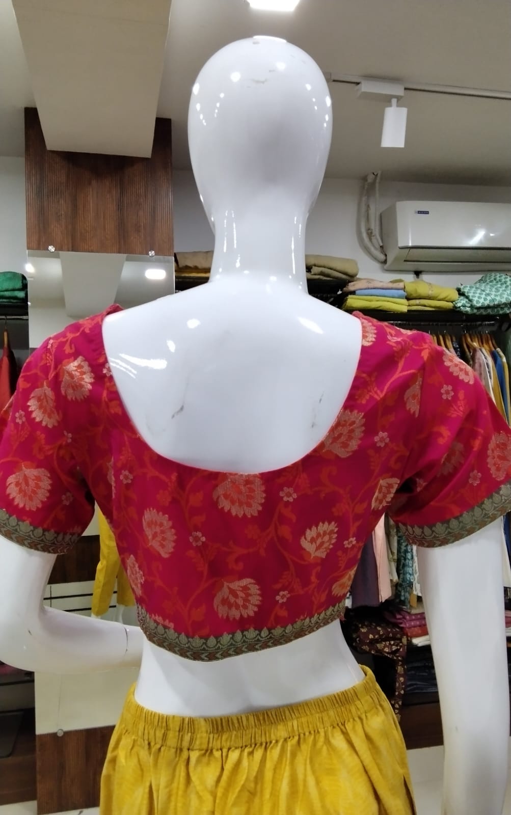 Hot Pink & Orange Banarasi Floral Brocade Readymade Blouse with Sweetheart Neck