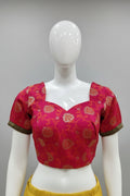 Hot Pink & Orange Banarasi Floral Brocade Readymade Blouse with Sweetheart Neck