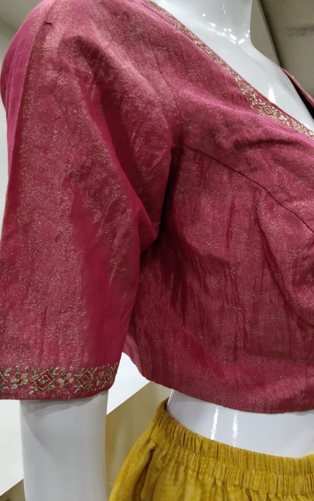 Dusty Rose Tissue-Silk Readymade Blouse with Embroidered Border Details
