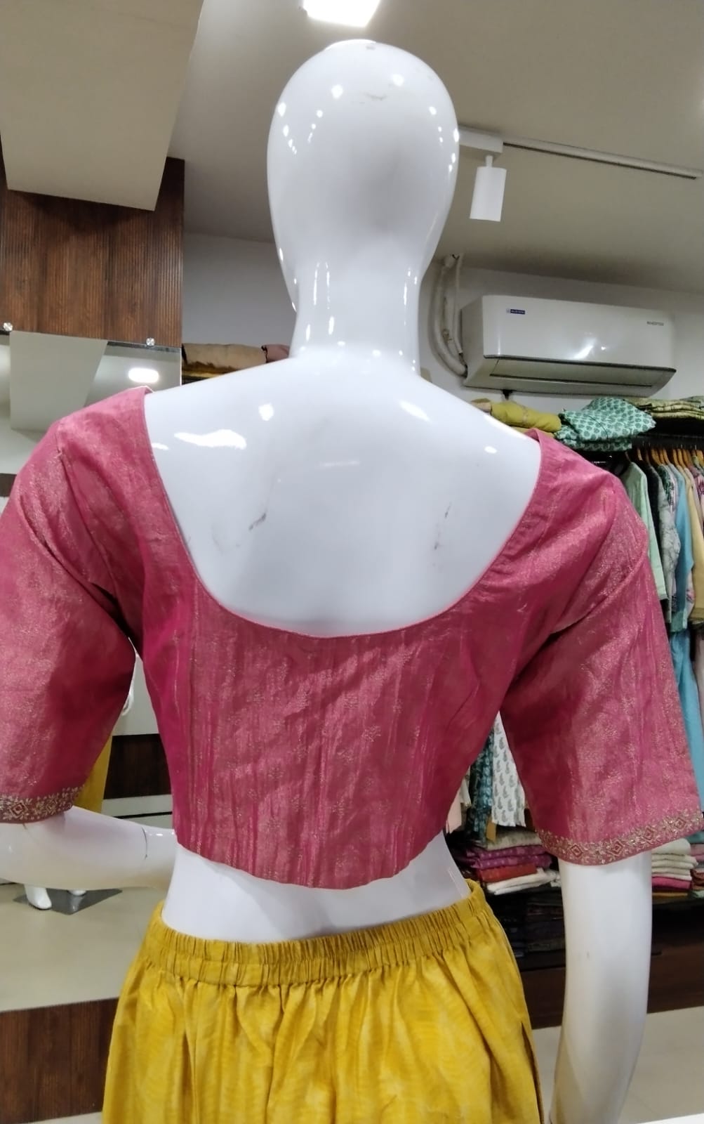 Dusty Rose Tissue-Silk Readymade Blouse with Embroidered Border Details