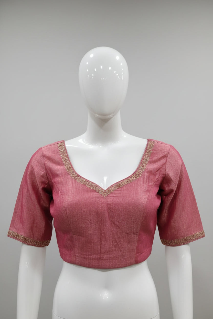 Dusty Rose Tissue-Silk Readymade Blouse with Embroidered Border Details