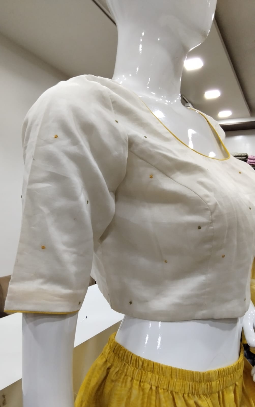 Off-White Chanderi Silk Readymade Blouse with Yellow Piping & Tiny Gold Bootis