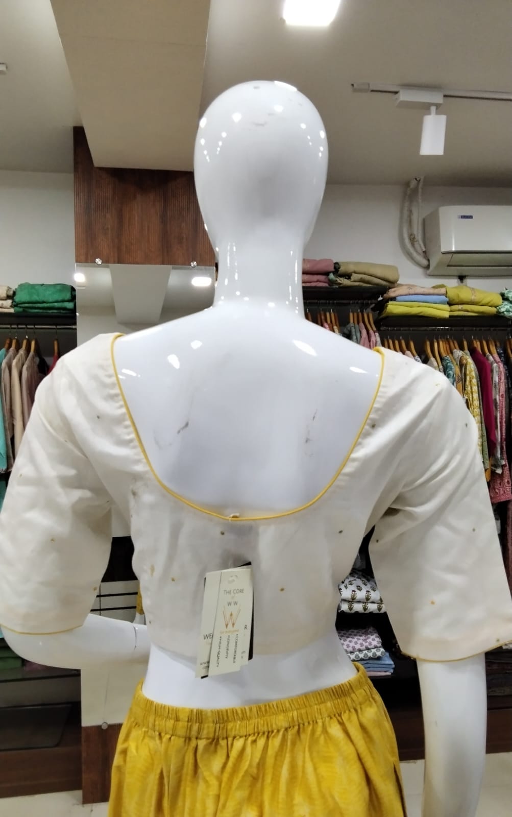 Off-White Chanderi Silk Readymade Blouse with Yellow Piping & Tiny Gold Bootis
