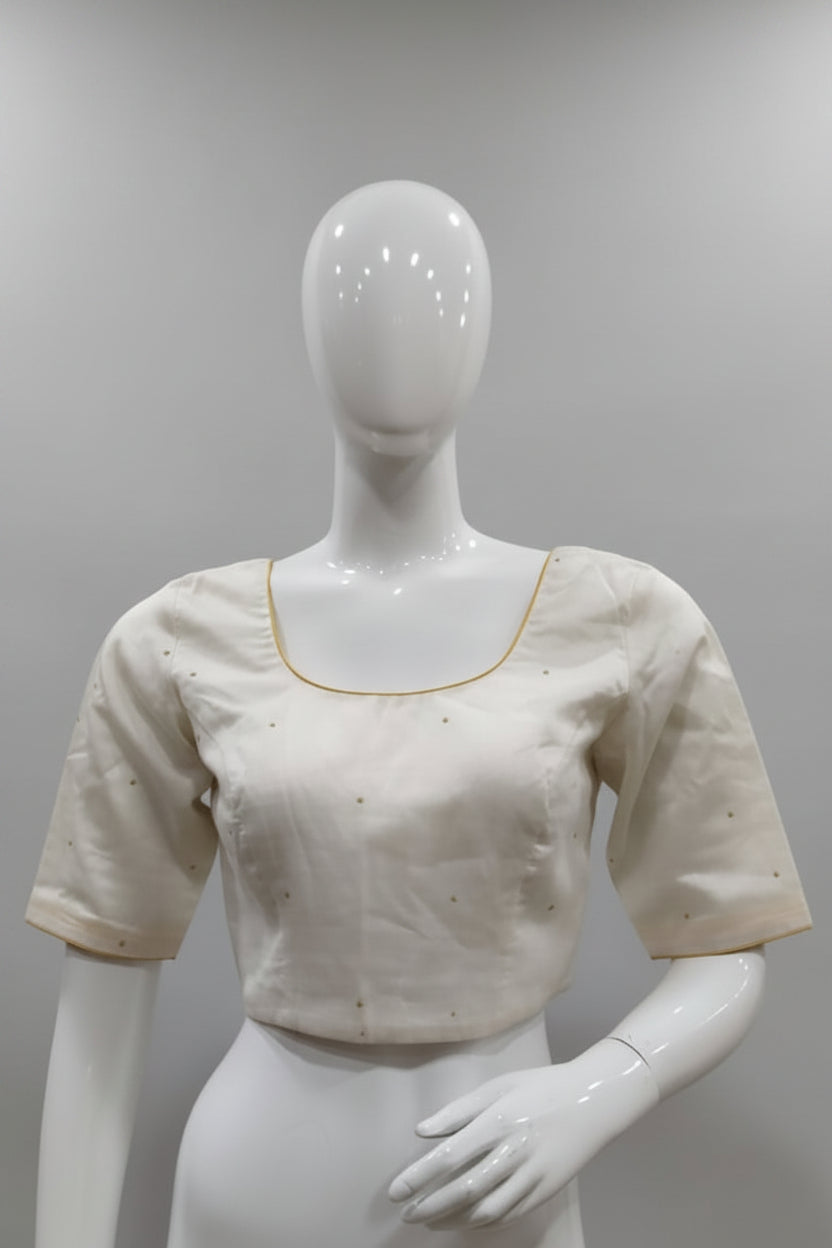 Off-White Chanderi Silk Readymade Blouse with Yellow Piping & Tiny Gold Bootis