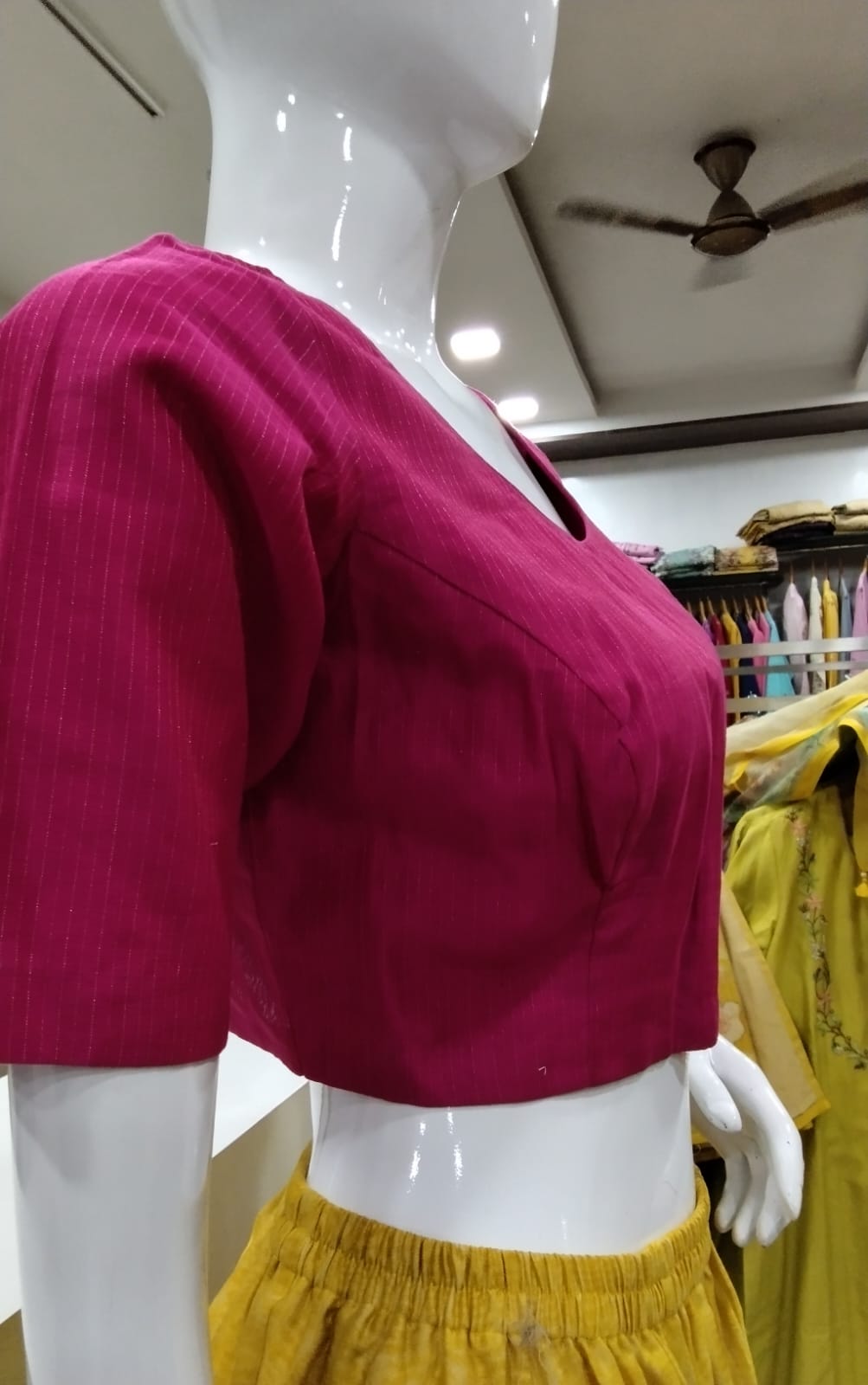 Vibrant Rani Pink Raw Silk-Blend Readymade Blouse with Gold Zari Stripes