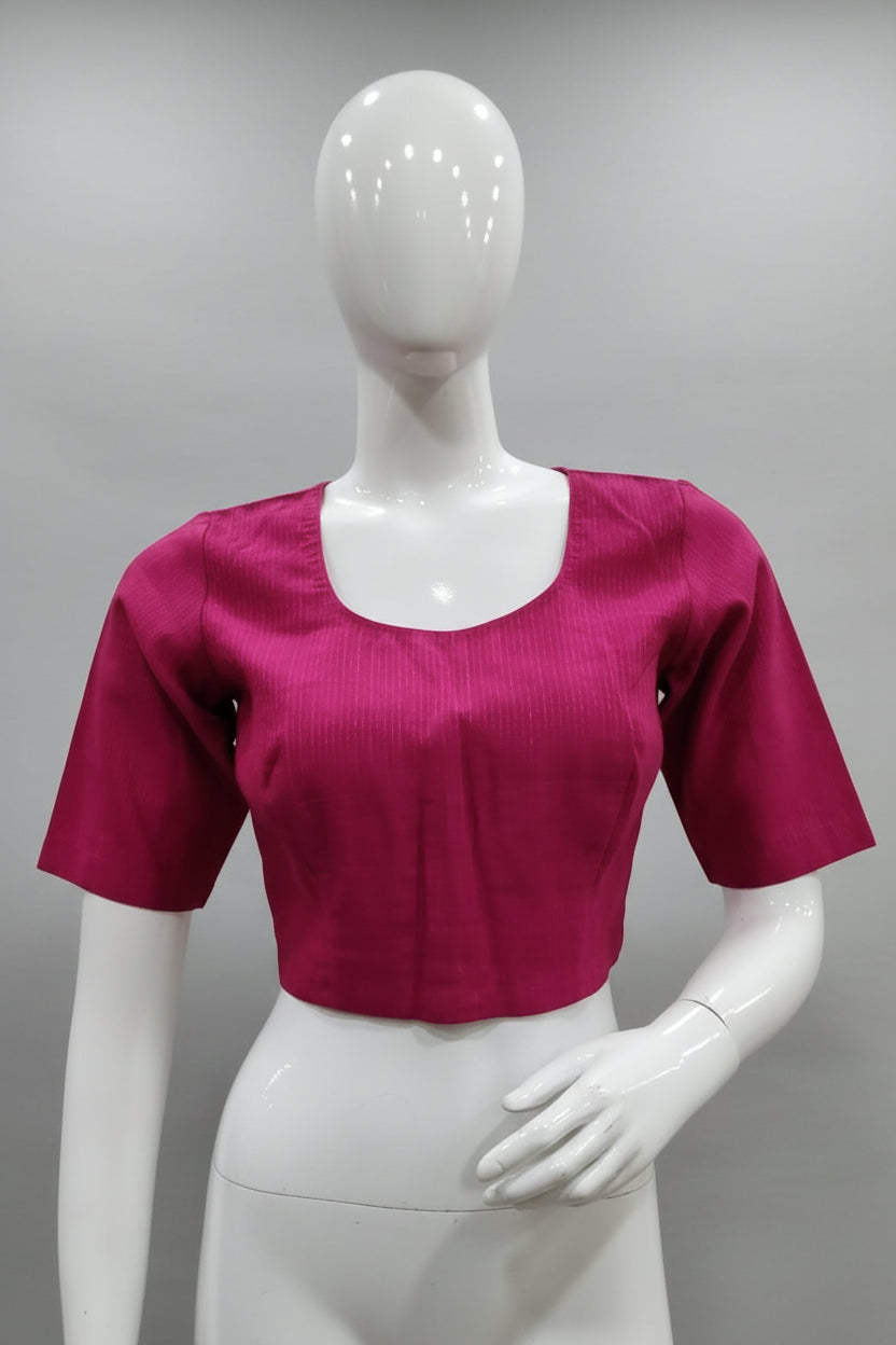 Vibrant Rani Pink Raw Silk-Blend Readymade Blouse with Gold Zari Stripes