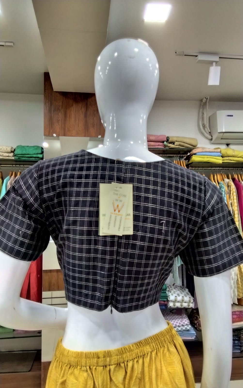 Classic Black & Gold Grid Check Readymade Blouse with Back Zip Closure