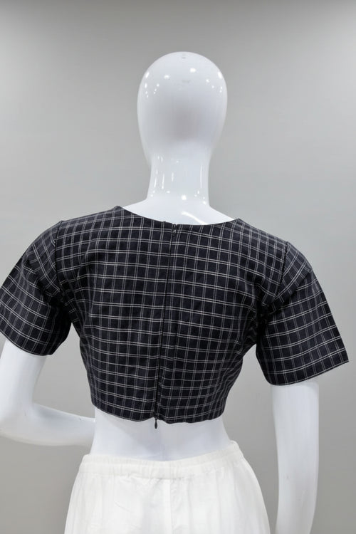 Classic Black & Gold Grid Check Readymade Blouse with Back Zip Closure