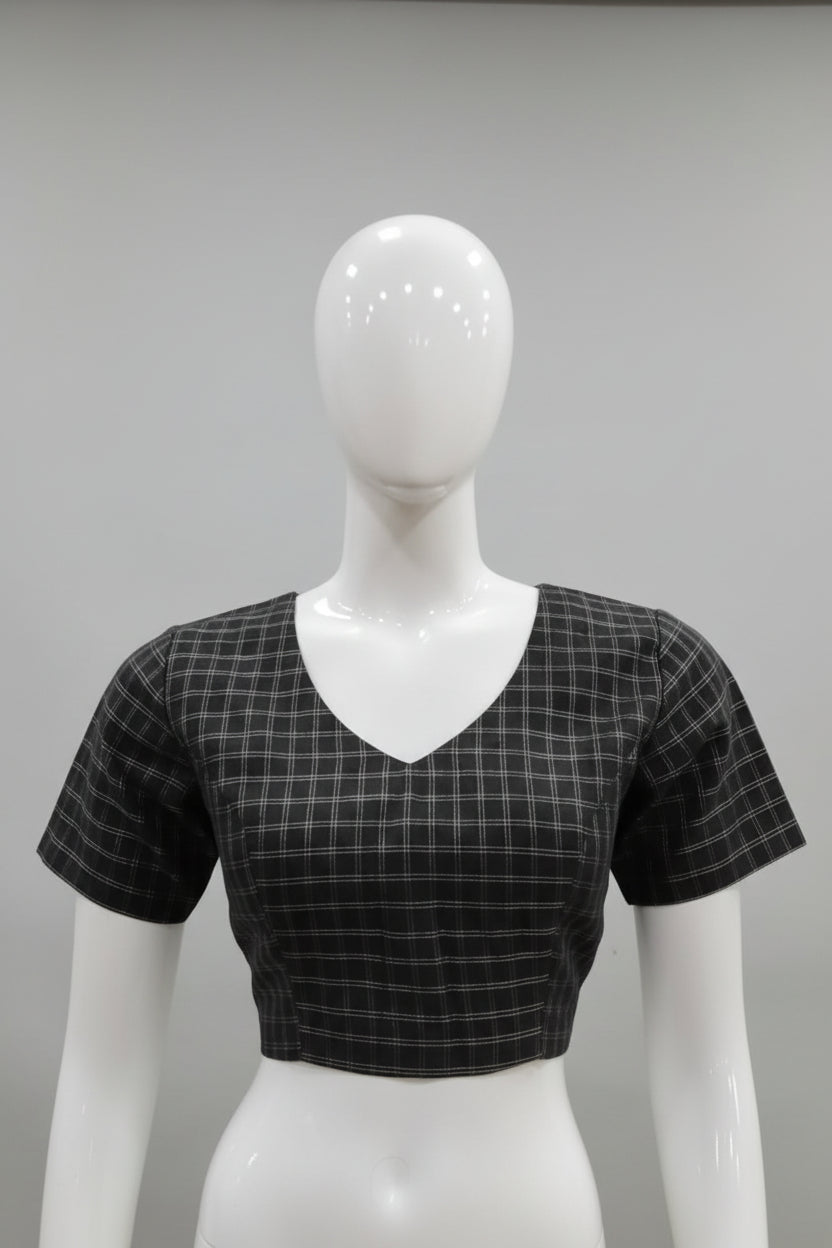 Classic Black & Gold Grid Check Readymade Blouse with Back Zip Closure