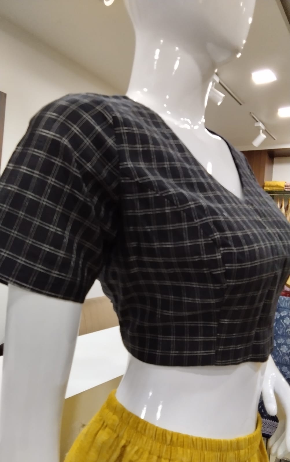 Classic Black & Gold Grid Check Readymade Blouse with Back Zip Closure