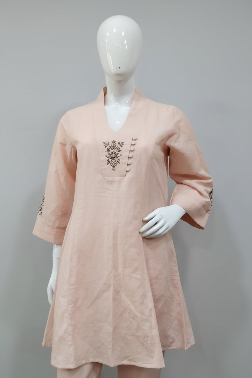 Elegant Blush Linen-Cotton Hand-Embroidered Co-Ord Set