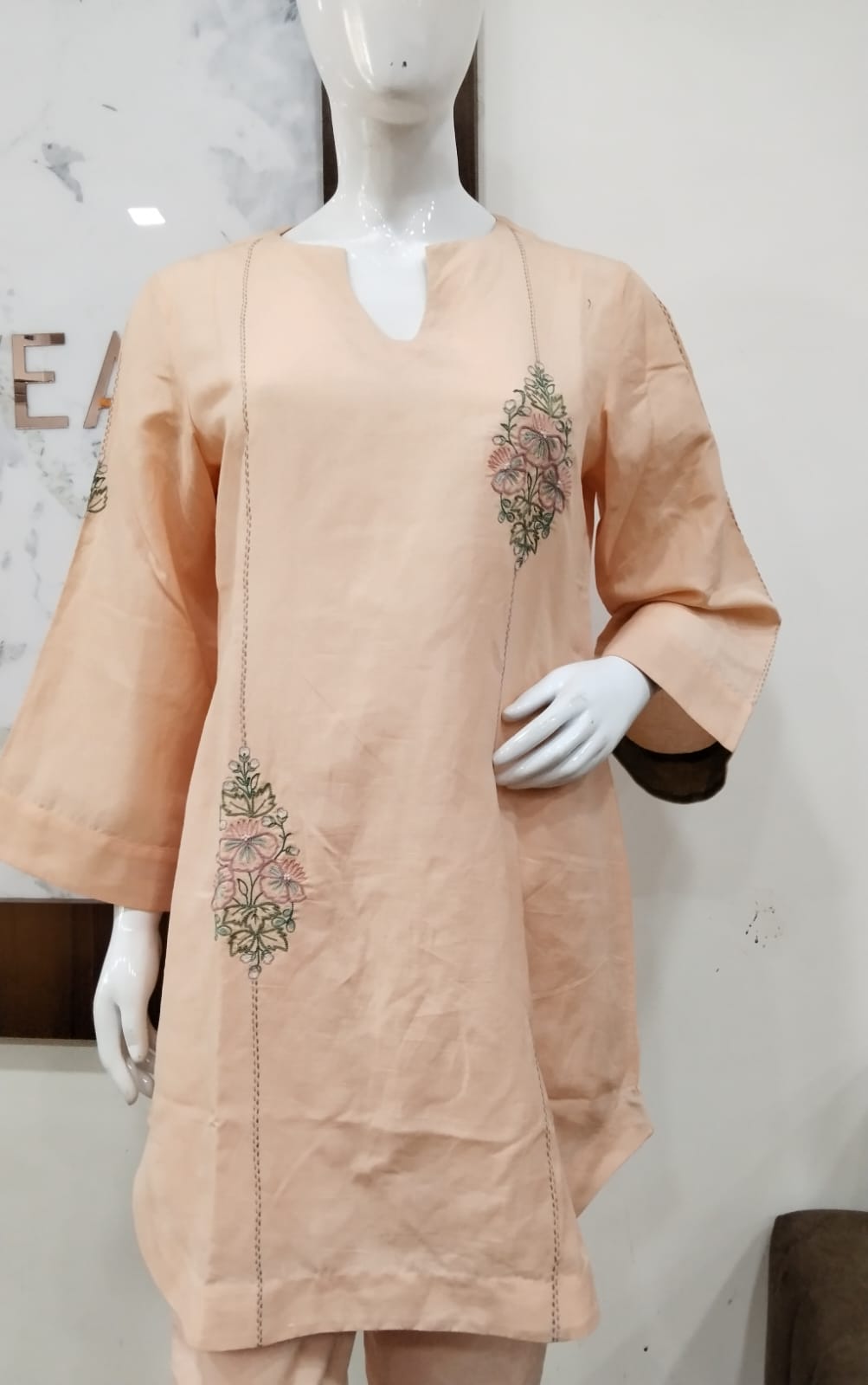 Pastel Peach Asymmetric Embroidered Linen-Cotton Co-Ord Set