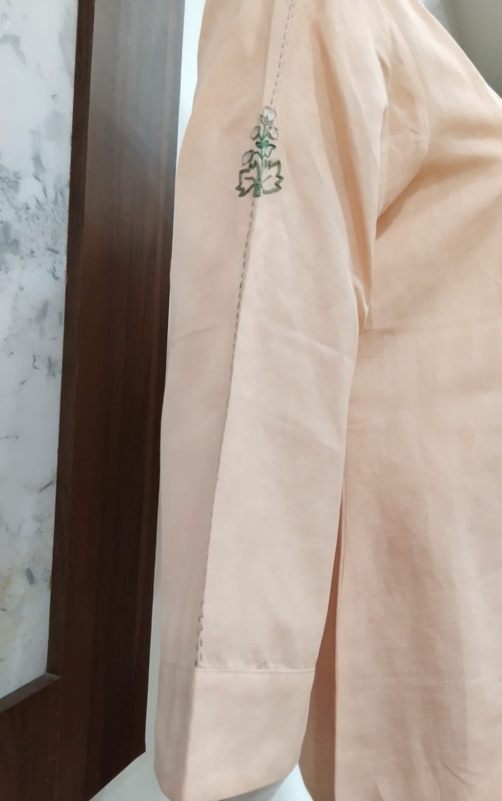 Pastel Peach Asymmetric Embroidered Linen-Cotton Co-Ord Set