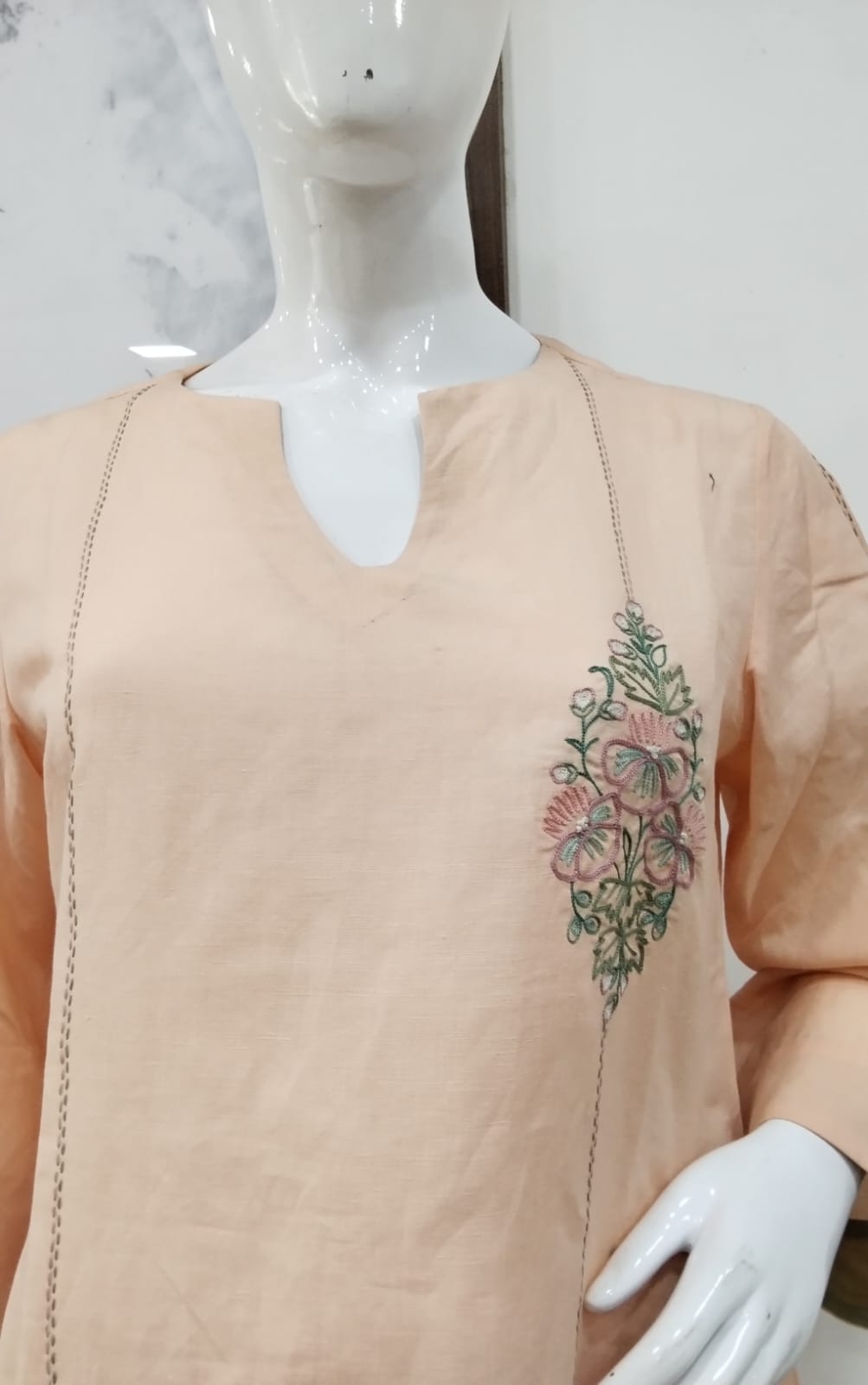 Pastel Peach Asymmetric Embroidered Linen-Cotton Co-Ord Set