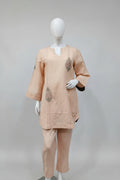 Pastel Peach Asymmetric Embroidered Linen-Cotton Co-Ord Set