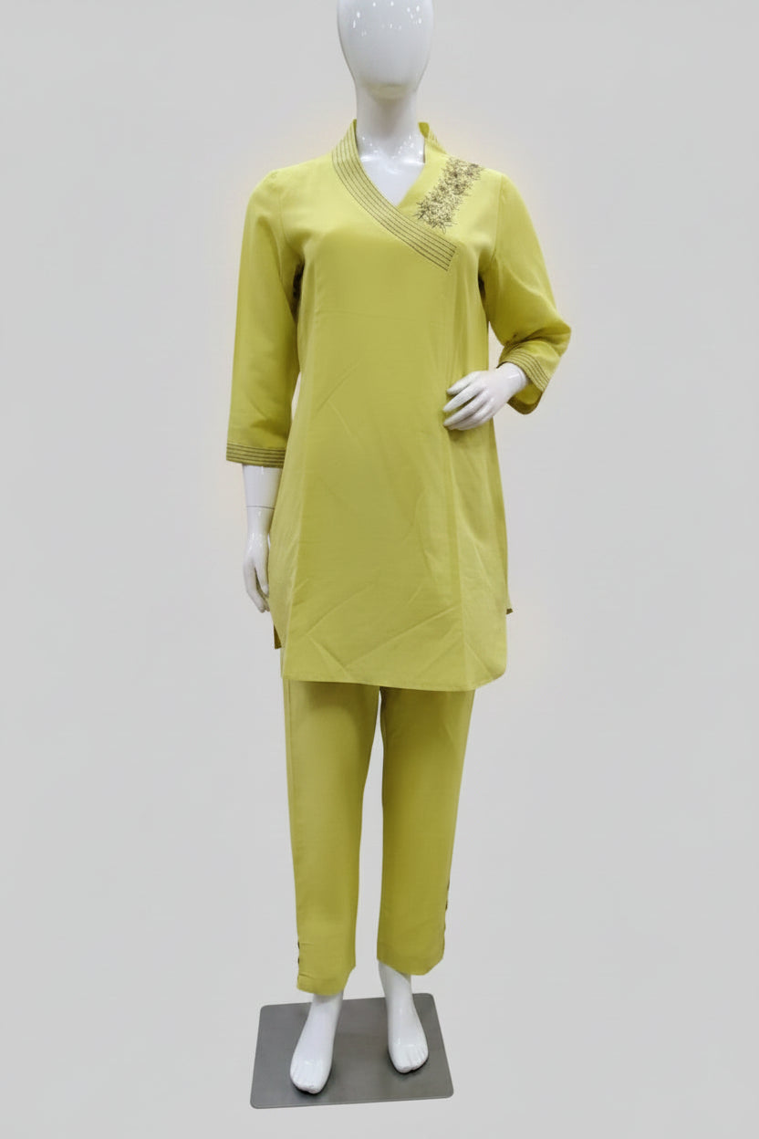 Lime Green Angrakha-Style Hand-Embroidered Linen-Cotton Co-Ord Set