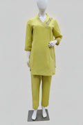 Lime Green Angrakha-Style Hand-Embroidered Linen-Cotton Co-Ord Set