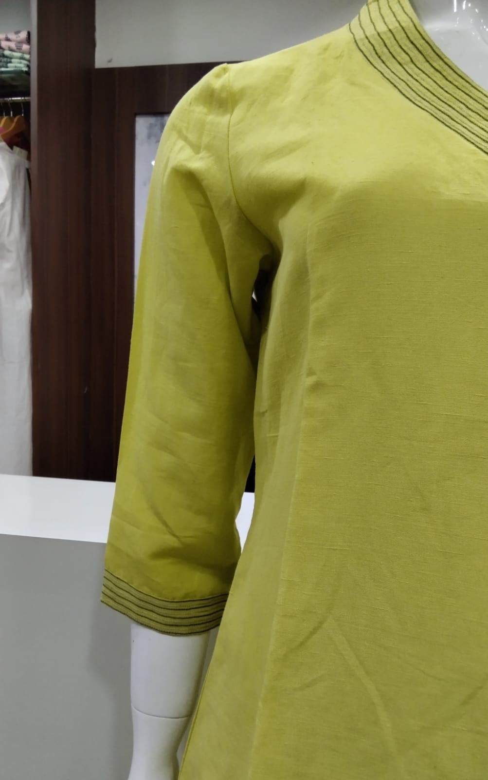 Lime Green Angrakha-Style Hand-Embroidered Linen-Cotton Co-Ord Set