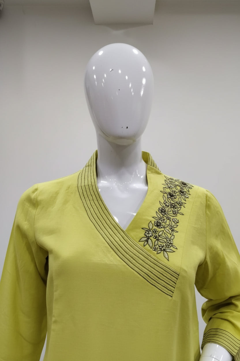 Lime Green Angrakha-Style Hand-Embroidered Linen-Cotton Co-Ord Set