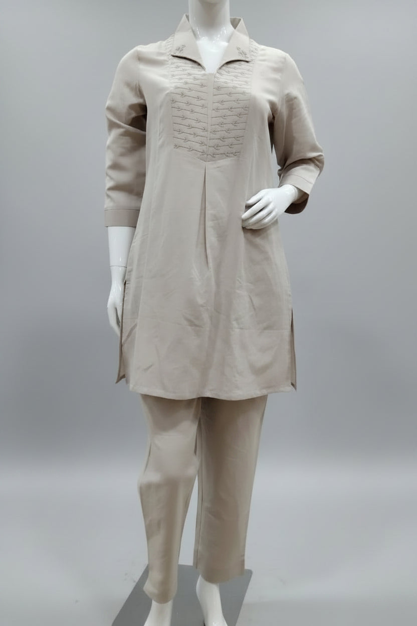 Beige Geometric Hand-Embroidered Linen-Cotton Co-Ord Set