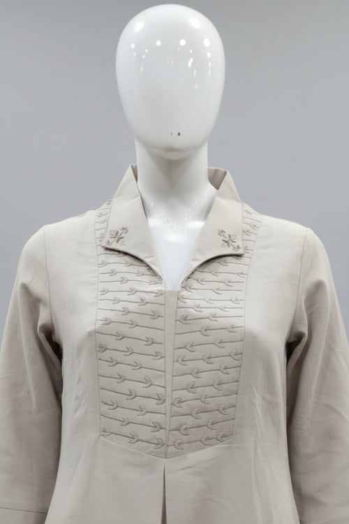 Beige Geometric Hand-Embroidered Linen-Cotton Co-Ord Set