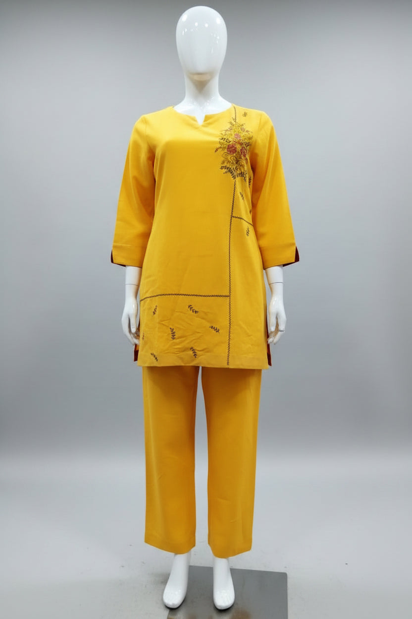 Sunshine Yellow Floral Hand-Embroidered Linen-Cotton Co-Ord Set