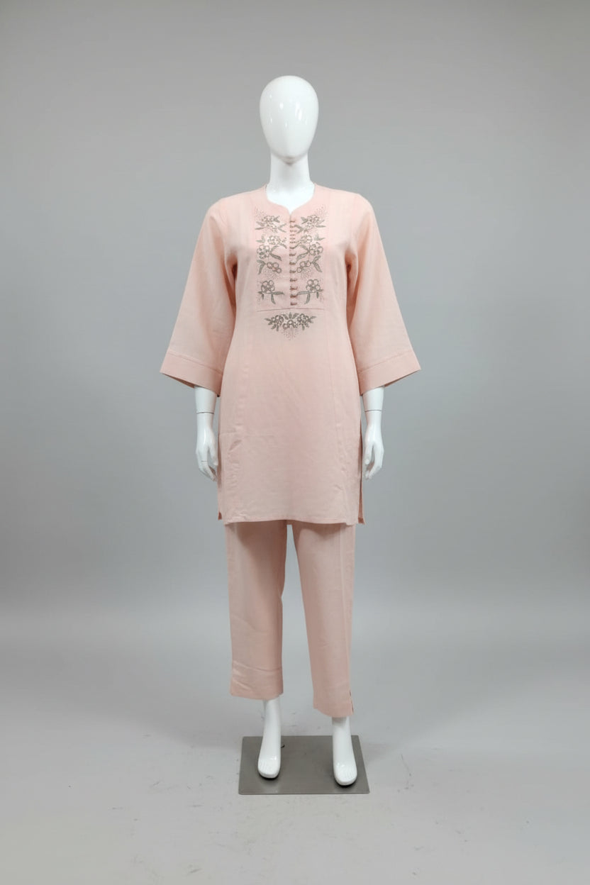 Blush Pink Floral Yoke Hand-Embroidered Linen-Cotton Co-Ord Set