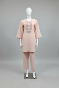 Blush Pink Floral Yoke Hand-Embroidered Linen-Cotton Co-Ord Set