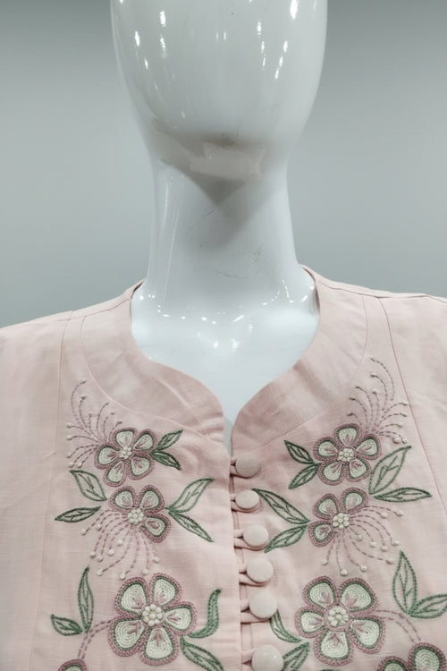 Blush Pink Floral Yoke Hand-Embroidered Linen-Cotton Co-Ord Set