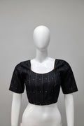 Elegant Black Readymade Blouse with Gold Vertical Stripe & Sequin Detail