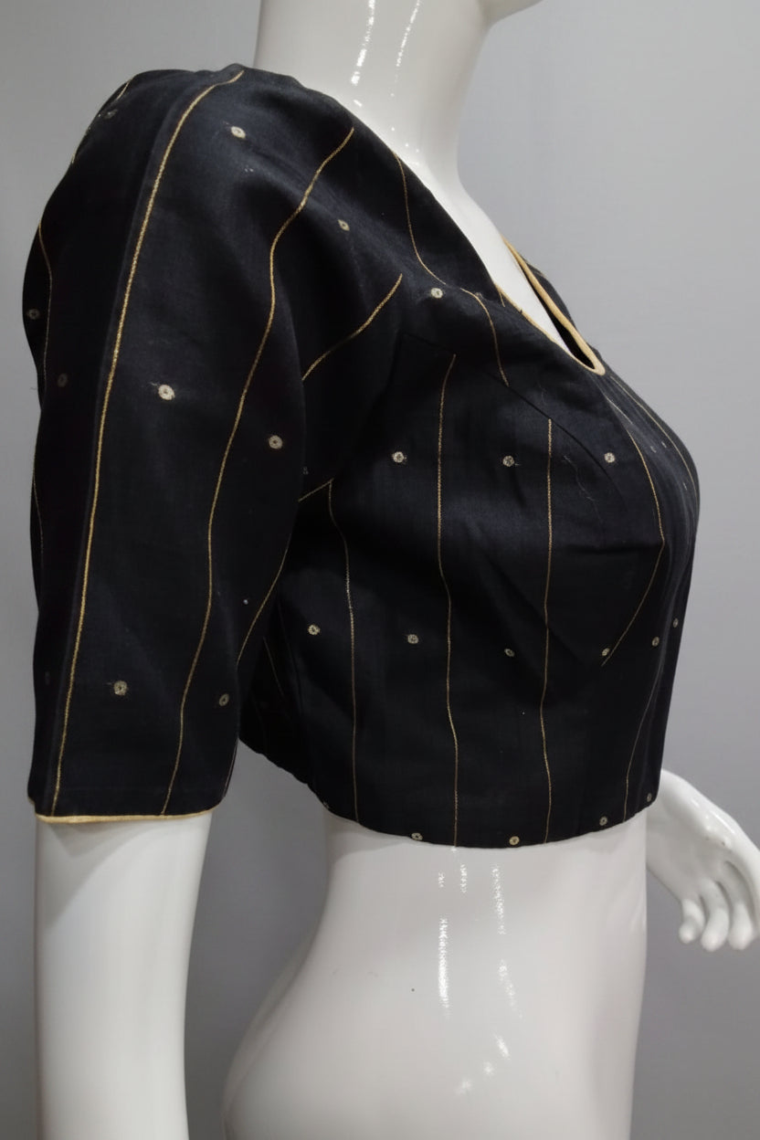 Elegant Black Readymade Blouse with Gold Vertical Stripe & Sequin Detail