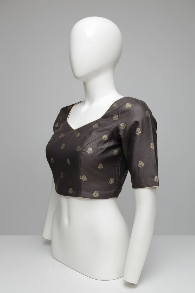 Charcoal Grey Raw Silk Readymade Blouse with Gold Booti Work
