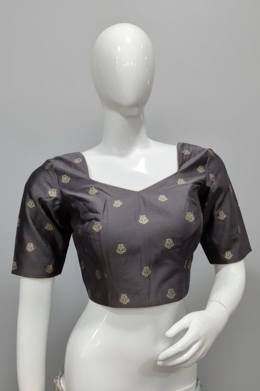 Charcoal Grey Raw Silk Readymade Blouse with Gold Booti Work