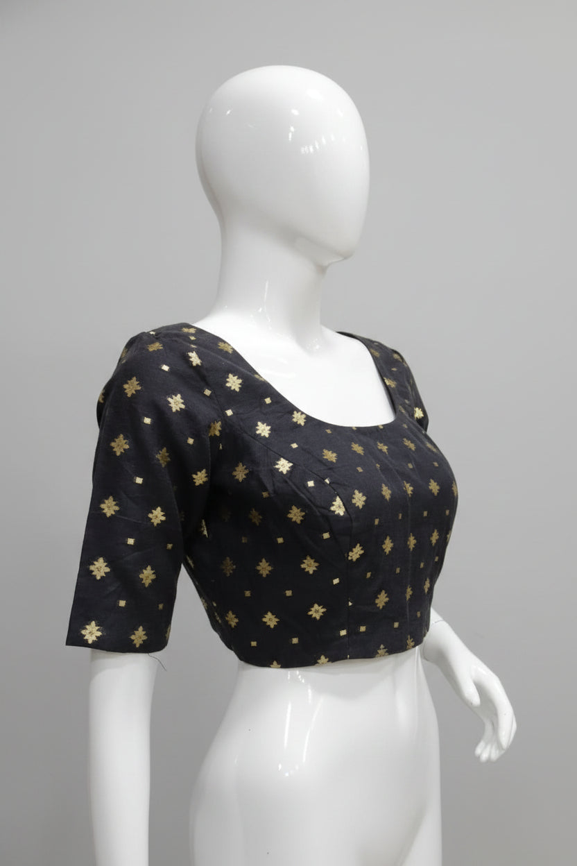 Midnight Black Brocade Readymade Blouse with Gold Floral Booti Work