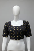 Midnight Black Brocade Readymade Blouse with Gold Floral Booti Work